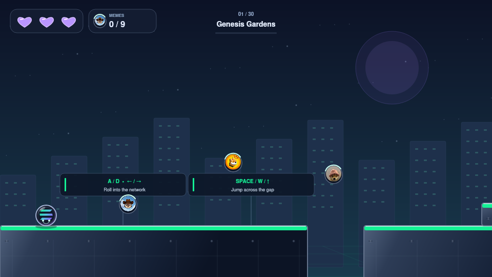 Genesis Gardens gameplay: green neon platforms and collectible meme tokens